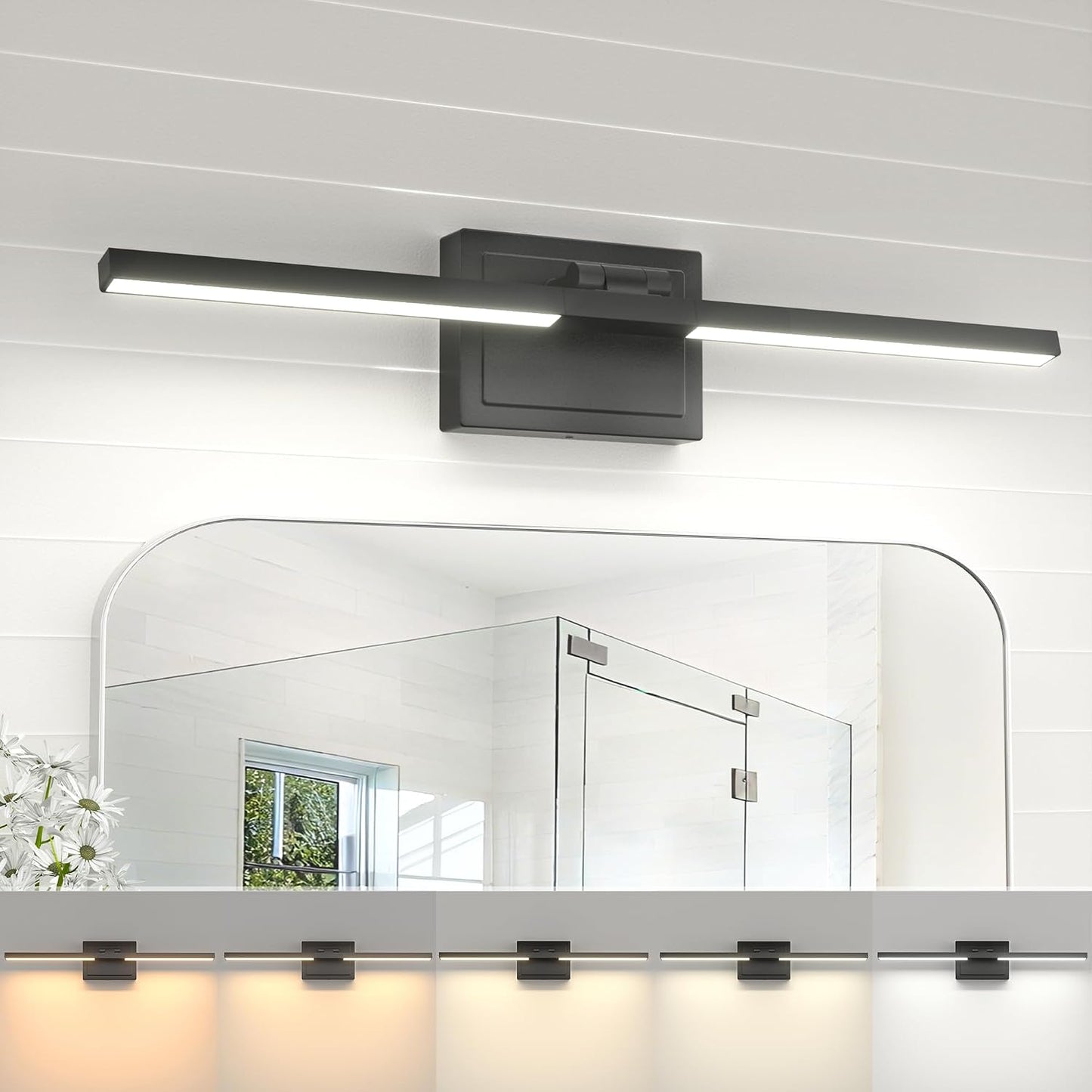 Lámpara baño moderna 24pulg LED negras sobre espejo