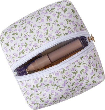 Bolsa maquillaje algodón acolchada con cremallera floral púrpura