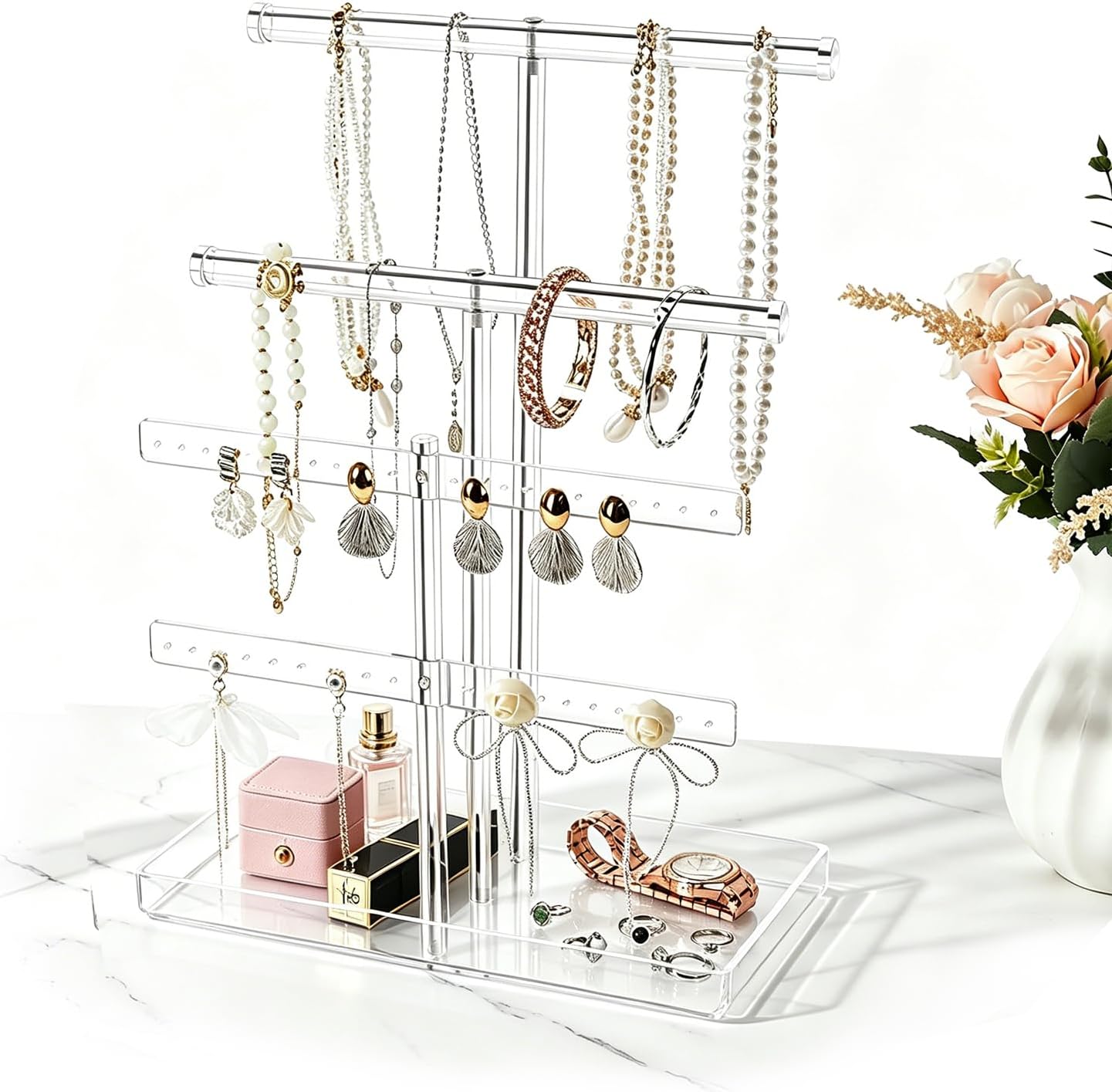 Soporte joyas acrílico 4 niveles 14.5pulg transparente