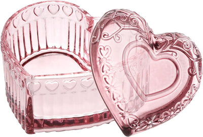 Joyero cristal forma corazón con tapas rosa anillos aretes