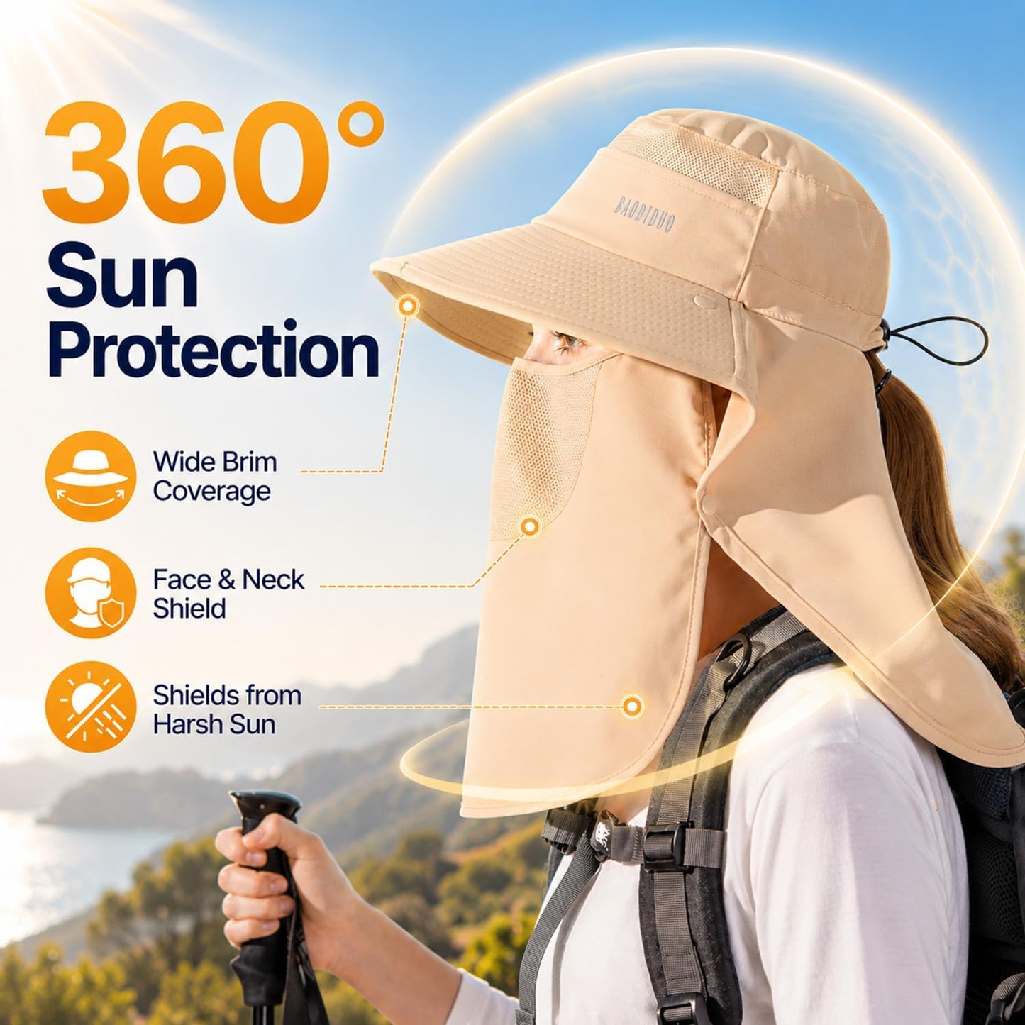 Sombrero sol ancha ala mujer UV visera pesca mascarilla