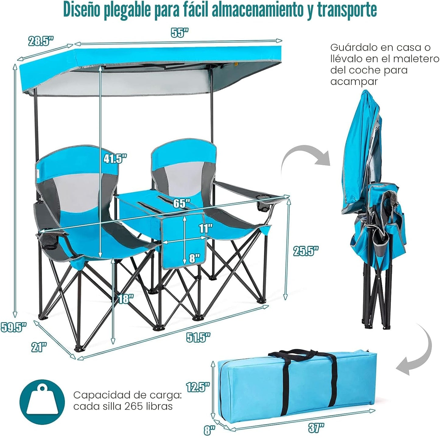 Silla doble plegable con toldo mesa bebidas jardín