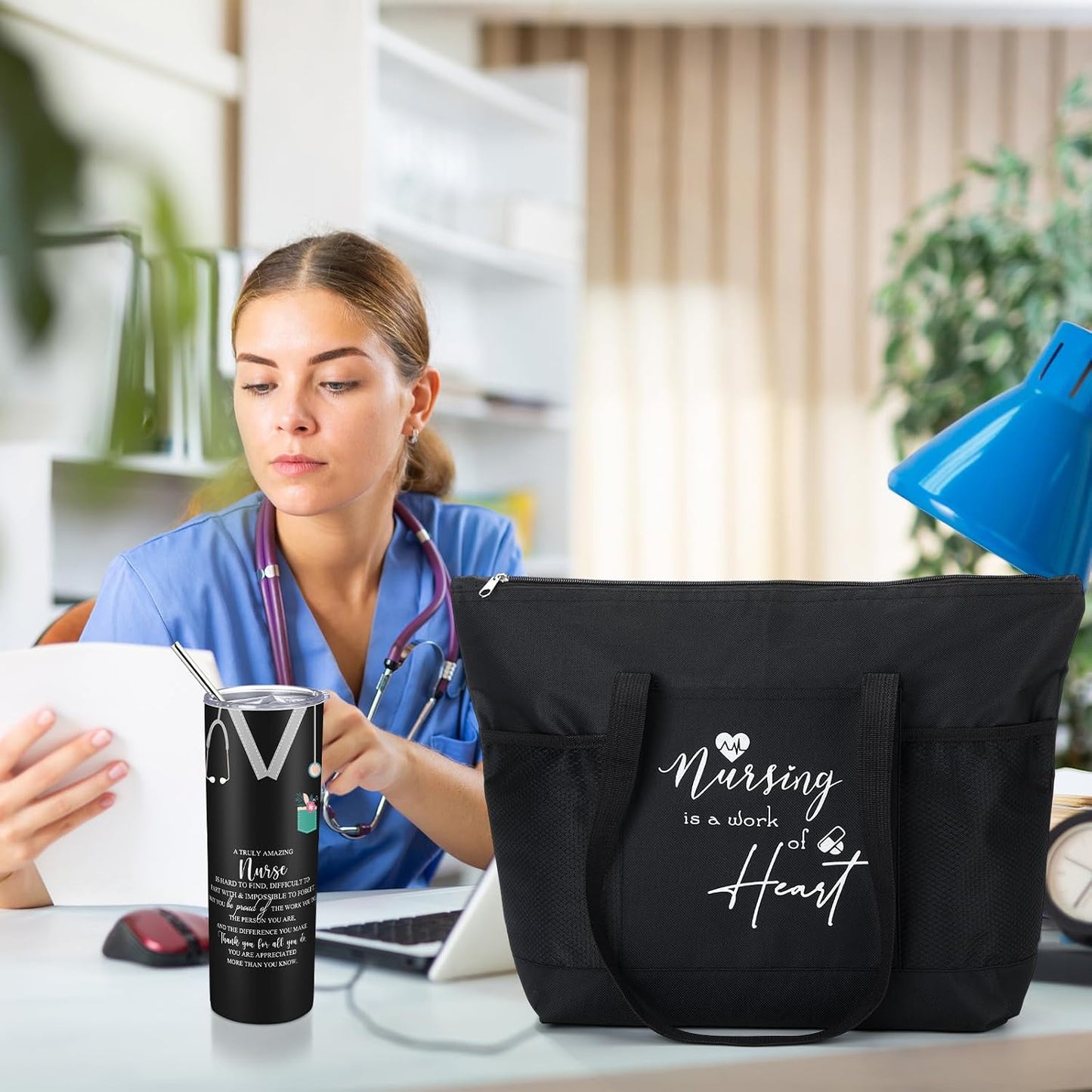 2 Pzas Tote Bag 20oz Taza Café Regalo Mujer Enfermera Negro