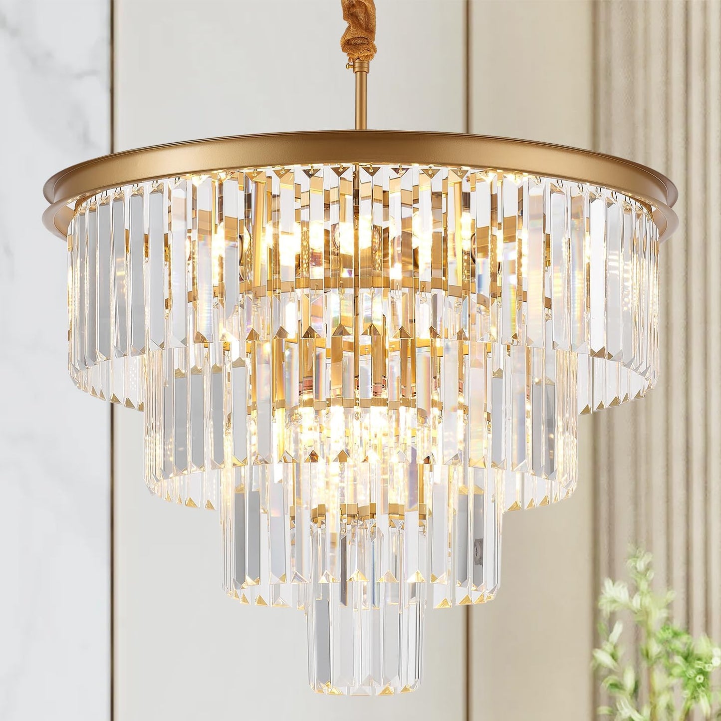 Candelabro cristal dorado 4 niveles 23.6pulg 12 luces