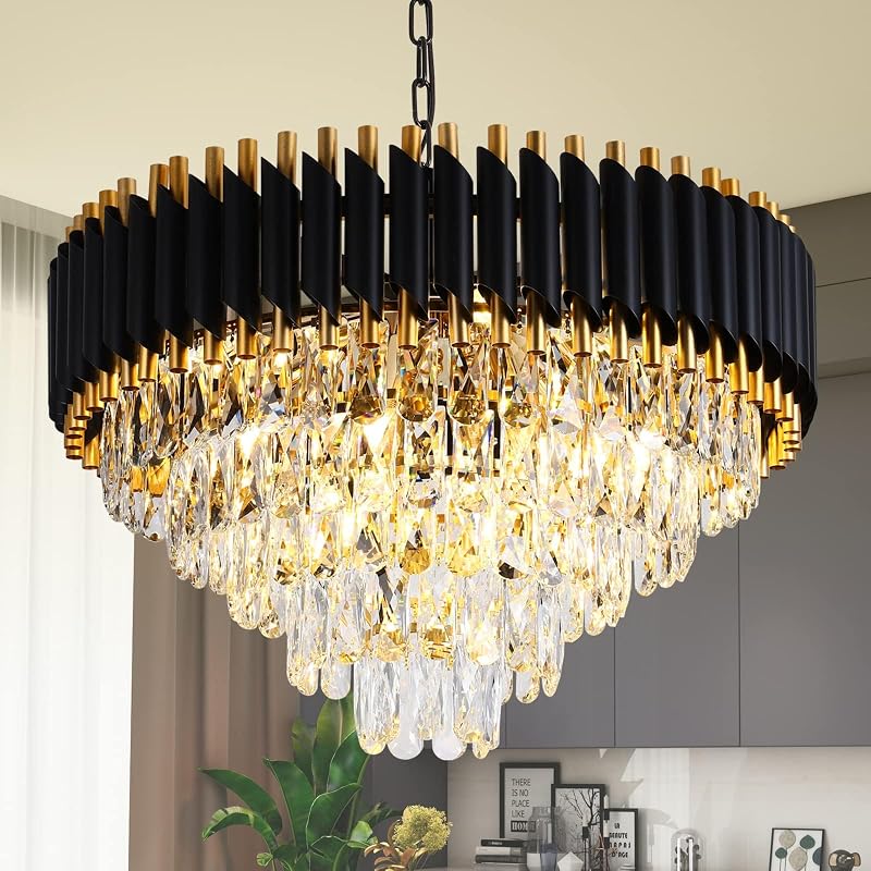 Candelabro moderno dorado y negro 5 niveles 24pulg 12 luces