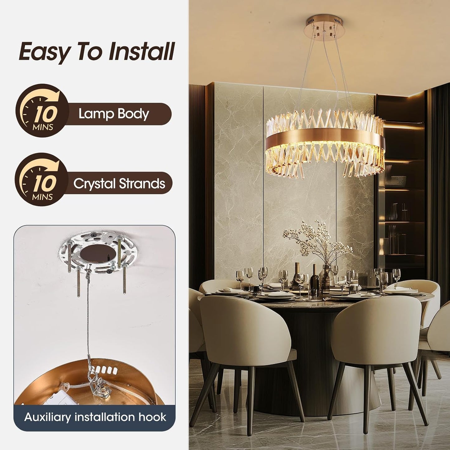 Candelabro dorado LED 24pulg redondo cristal lujo cocina
