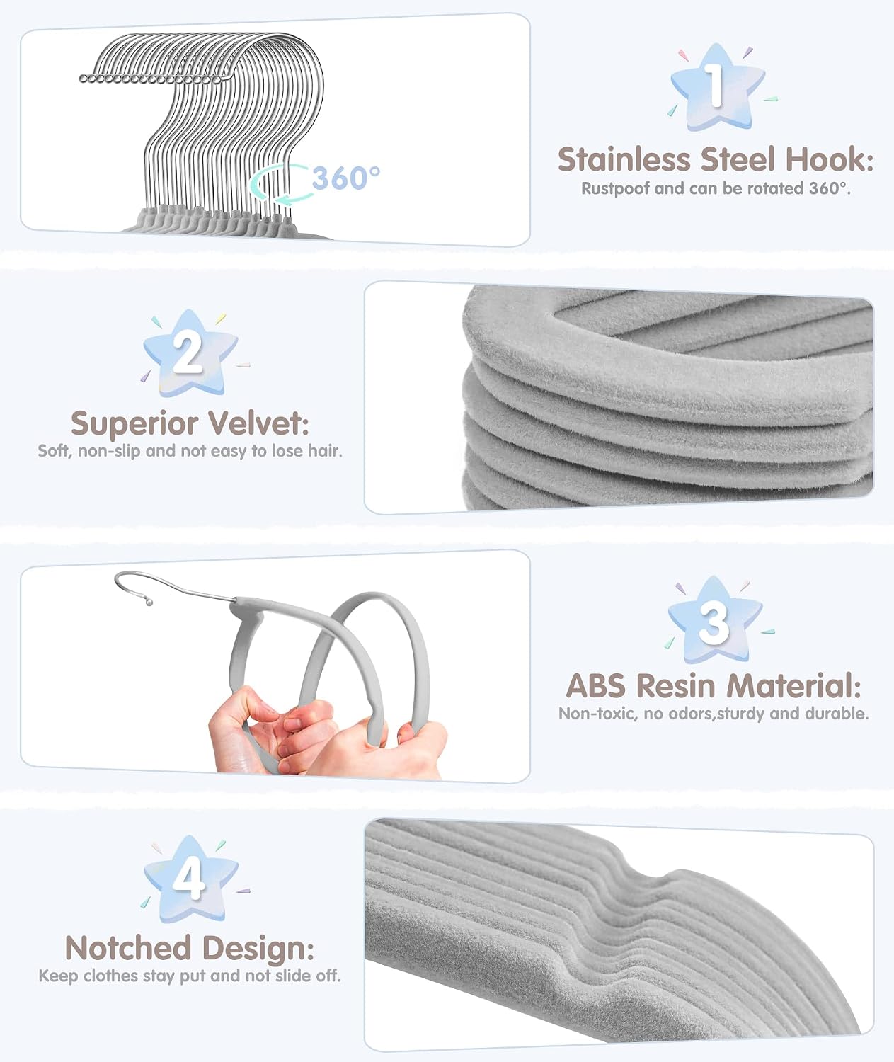 Perchas terciopelo 11pulg para bebé con 6 divisores gris 30uds