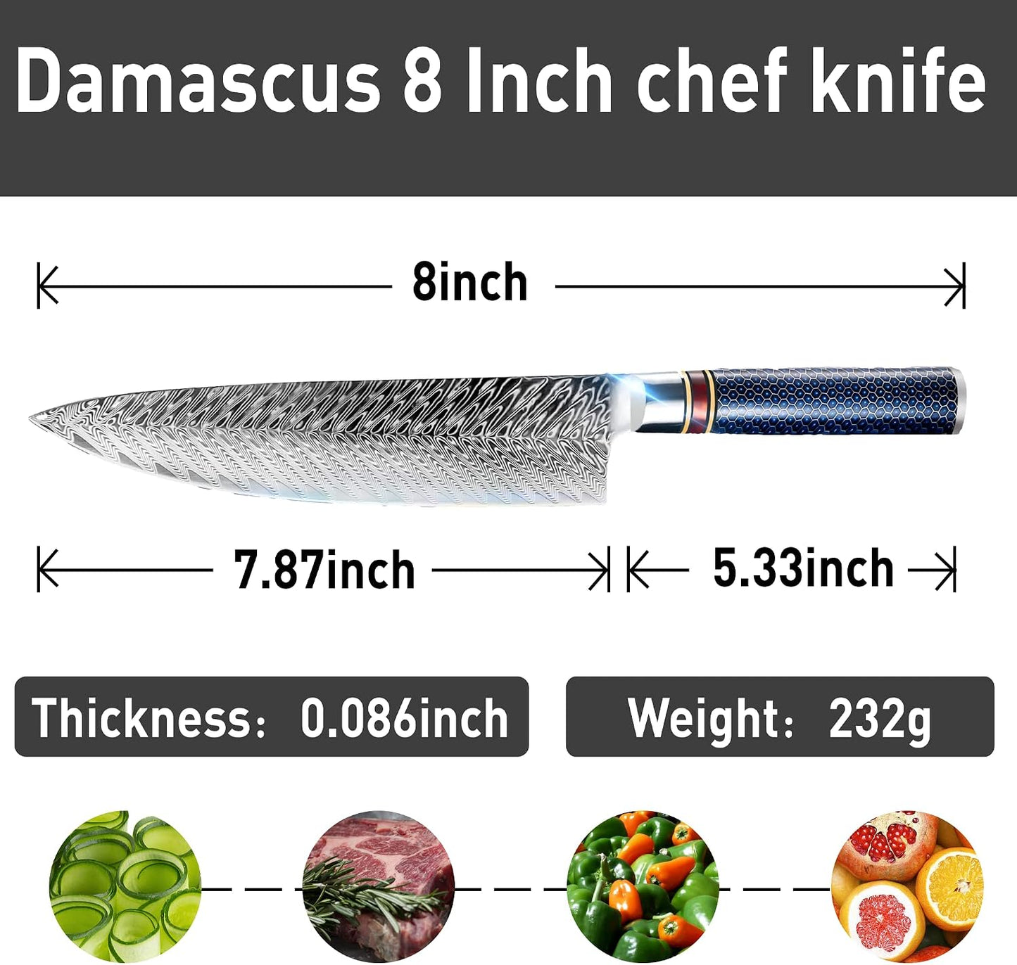 Cuchillo chef VG10 8pulg acero inox 67 capas con funda