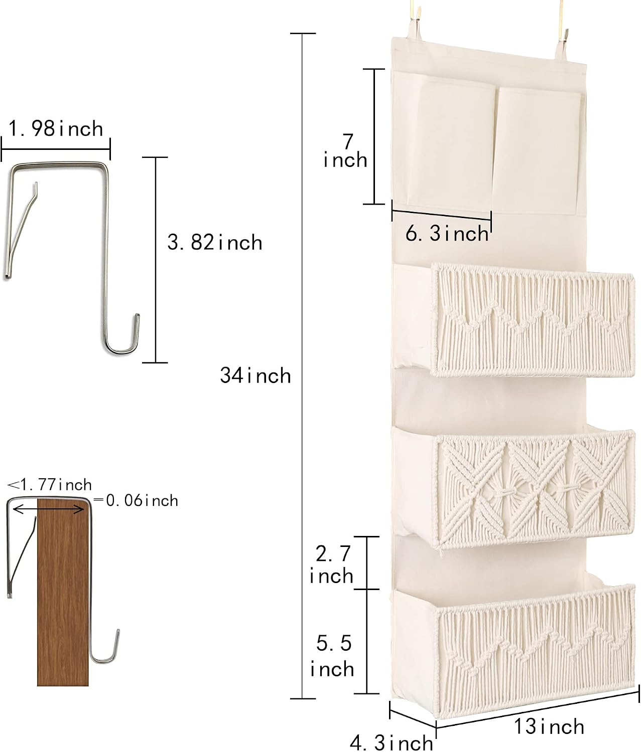 Organiz. macramé 3 bolsillos detrás de puerta