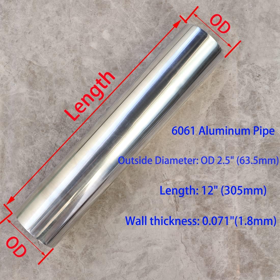 Tubo aluminio recto 2.5pulg x 12pulg altamente pulido