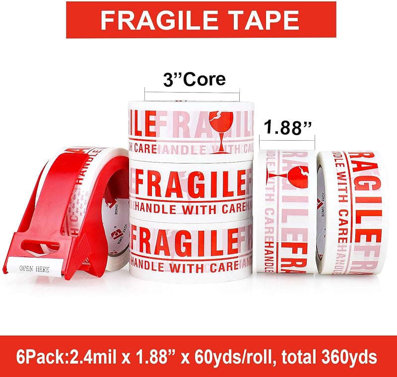 6 Rollos Cinta Frágil 2pulg x 180pies Dispensador