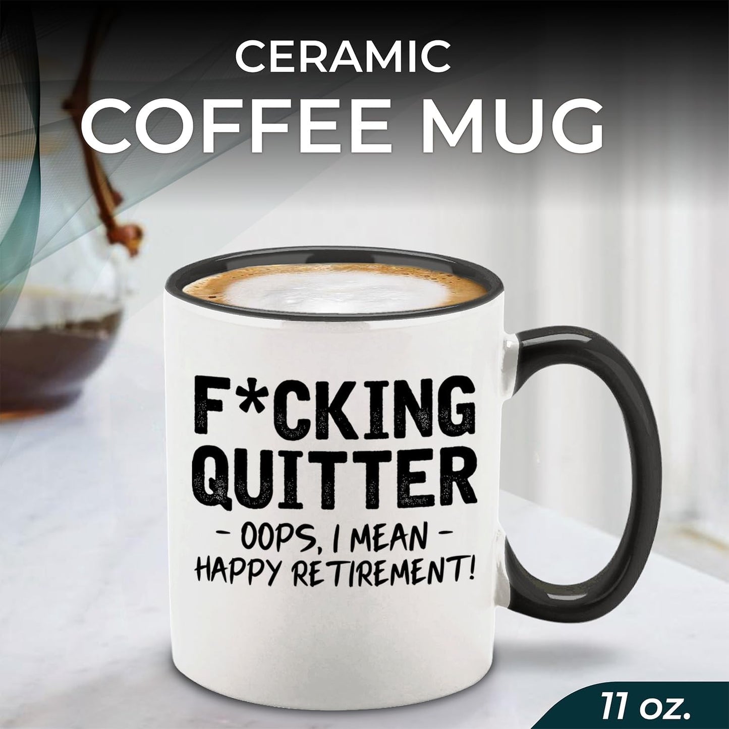 Taza cerámica diseño feliz jubilación 11oz mango negro