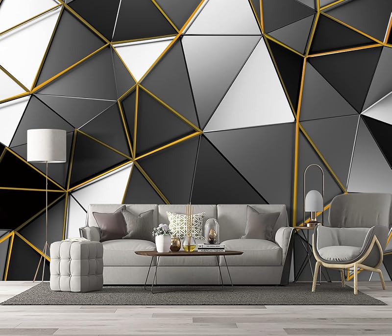 Papel tapiz geométrico negro y dorado para dormitorio y