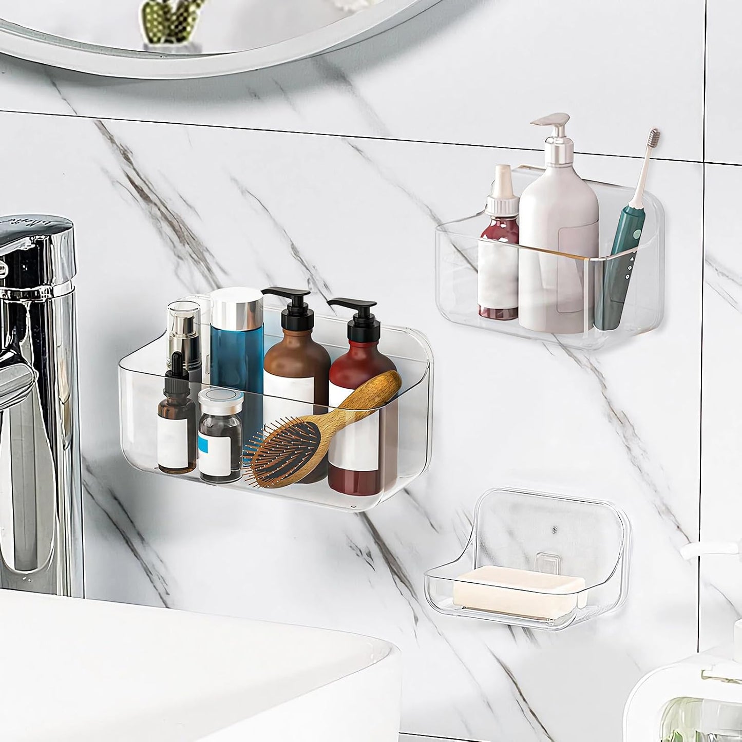Organiz. acrílico 3 Pzas cestas ducha adhesivas baño cocina