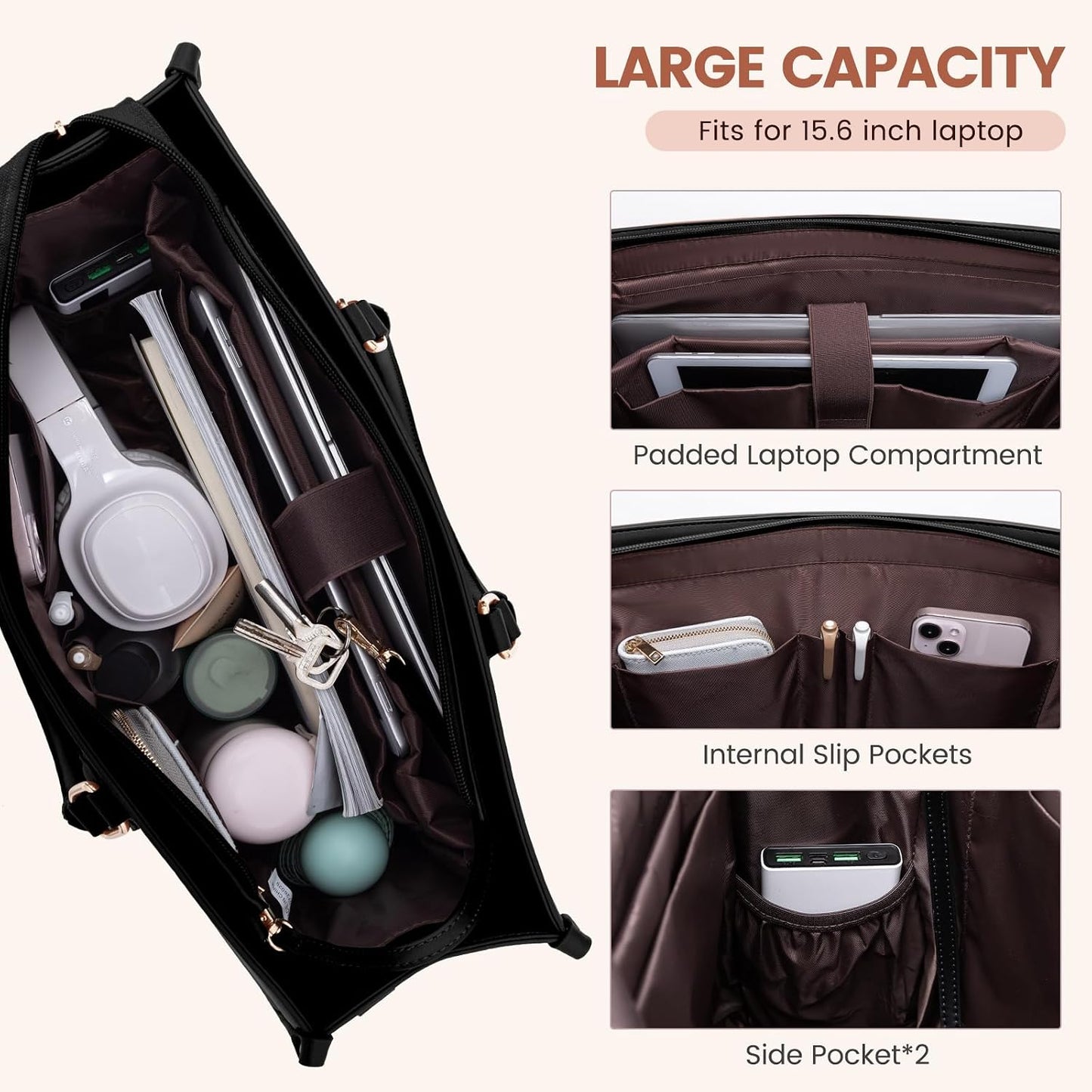 Bolso laptop 15.6pulg para mujer impermeable con portavasos