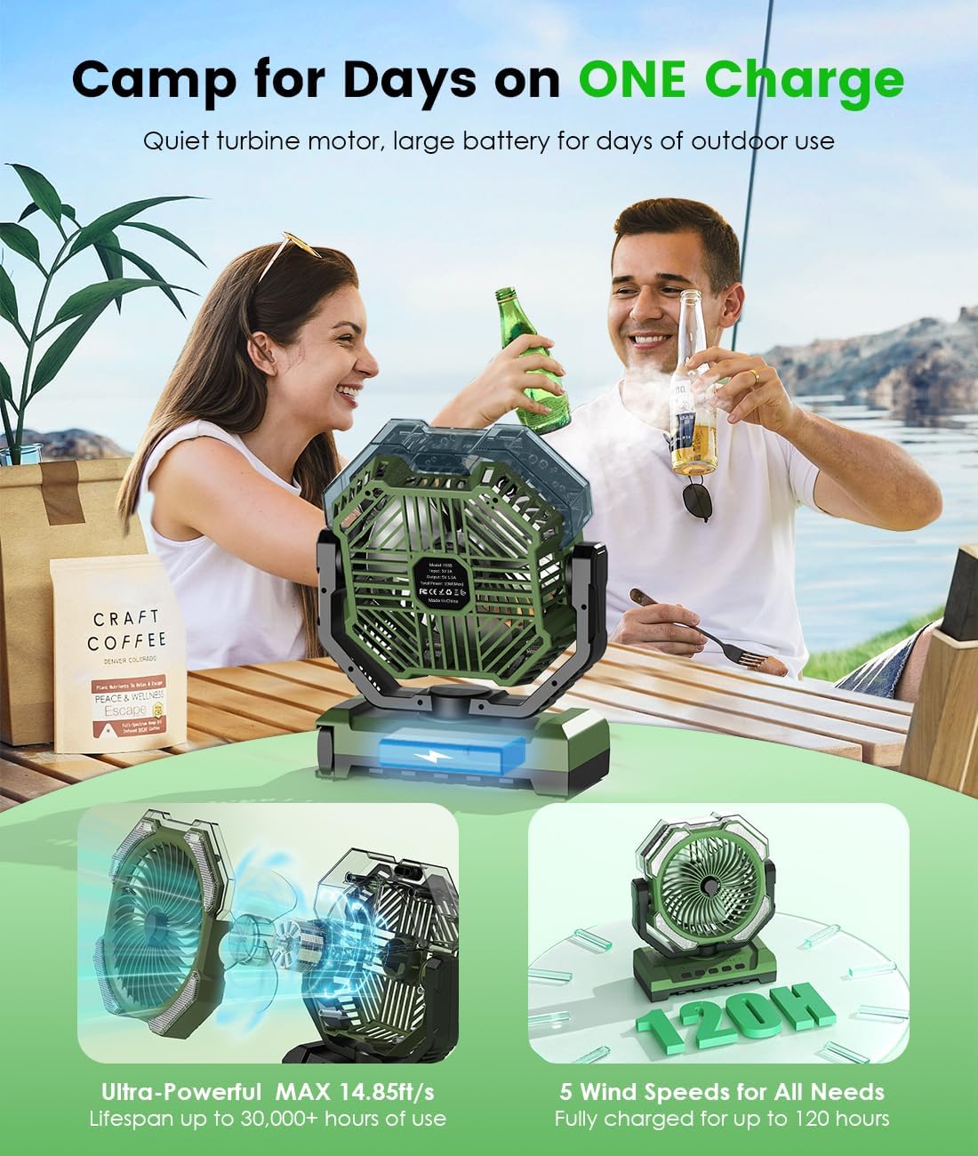 Ventilador portátil recargable 9oz con luz 4 velocidades