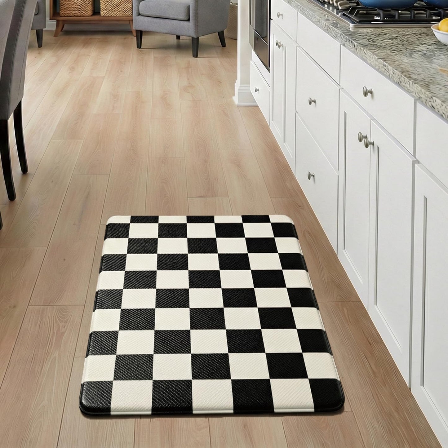 Set 2 Alfombras Cocina Cuadros Beige y Negro Antifatiga