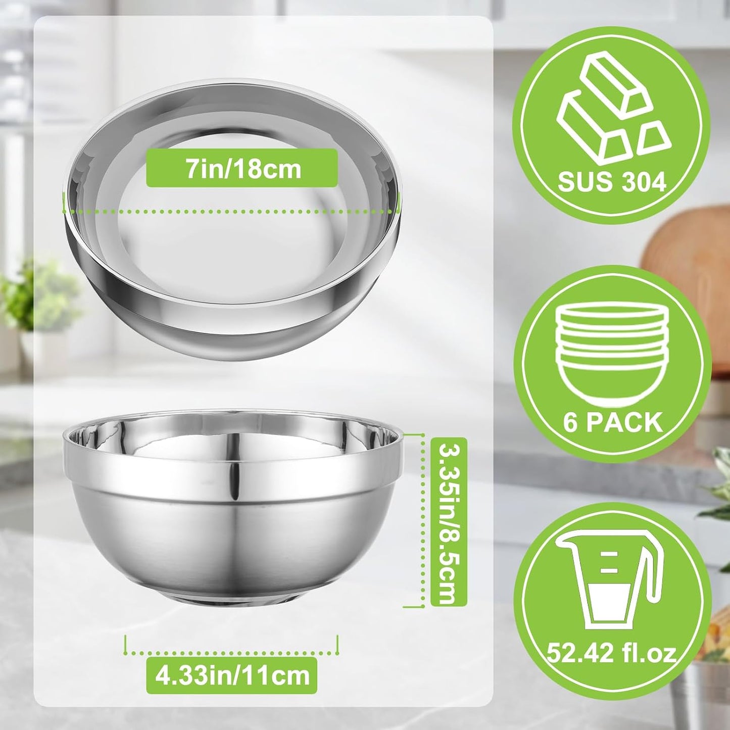 6 Pzas Cuencos Acero Inox 7pulg 52.4oz Doble Pared Apilables