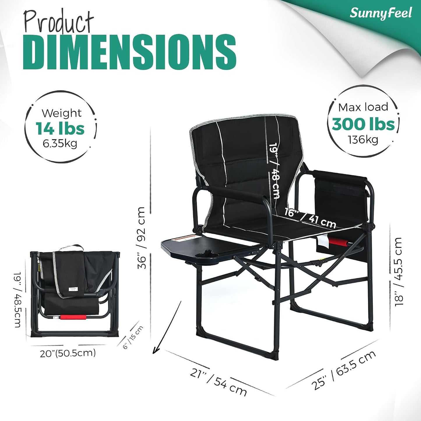 Silla camping plegable gran tamaño con mesa lateral bolsillo