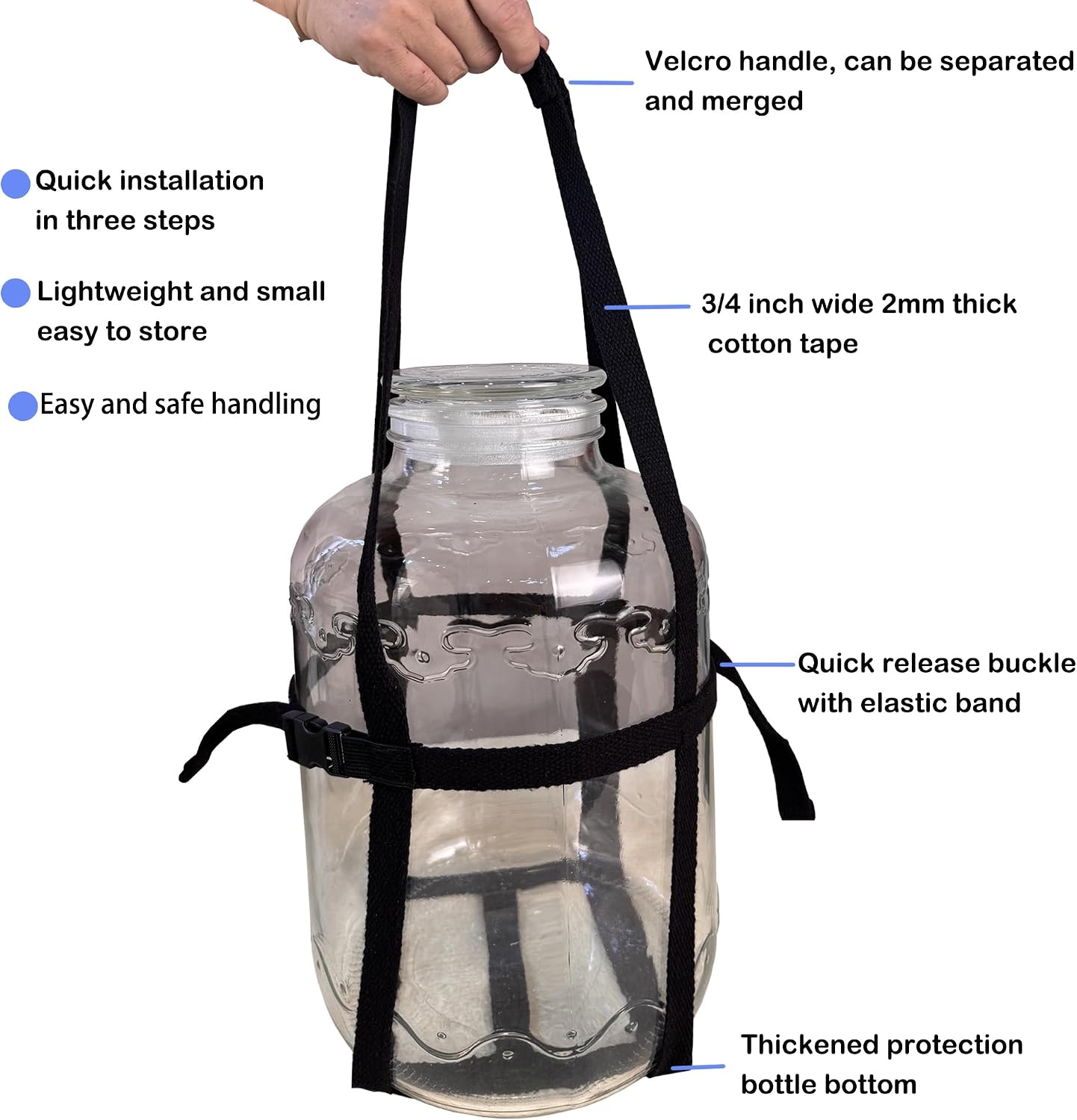 Tarro vidrio 0.5-2gal correas transporte ajustable