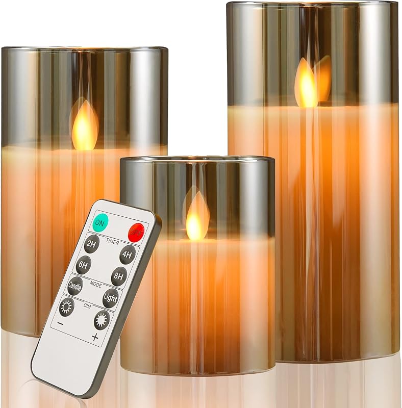 Velas LED sin llama 4-6pulg set 3 vidrio dorado con control remoto