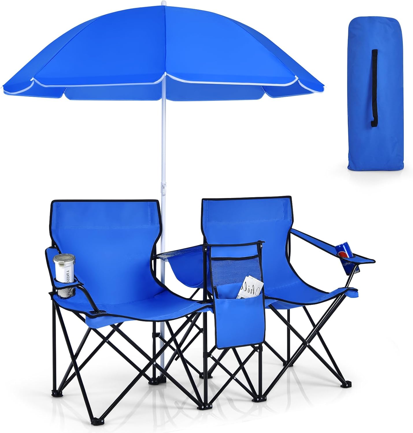 Silla campamento doble plegable con paraguas azul