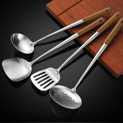 Juego 4 Pzas Utensilios Wok Acero Inox 17pulg Mango Madera