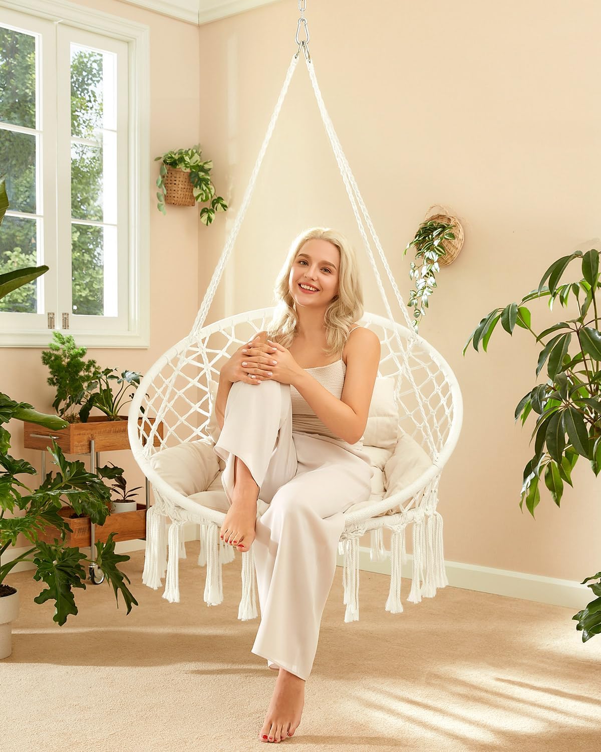 Silla colgante macramé cojín bohemia color blanco