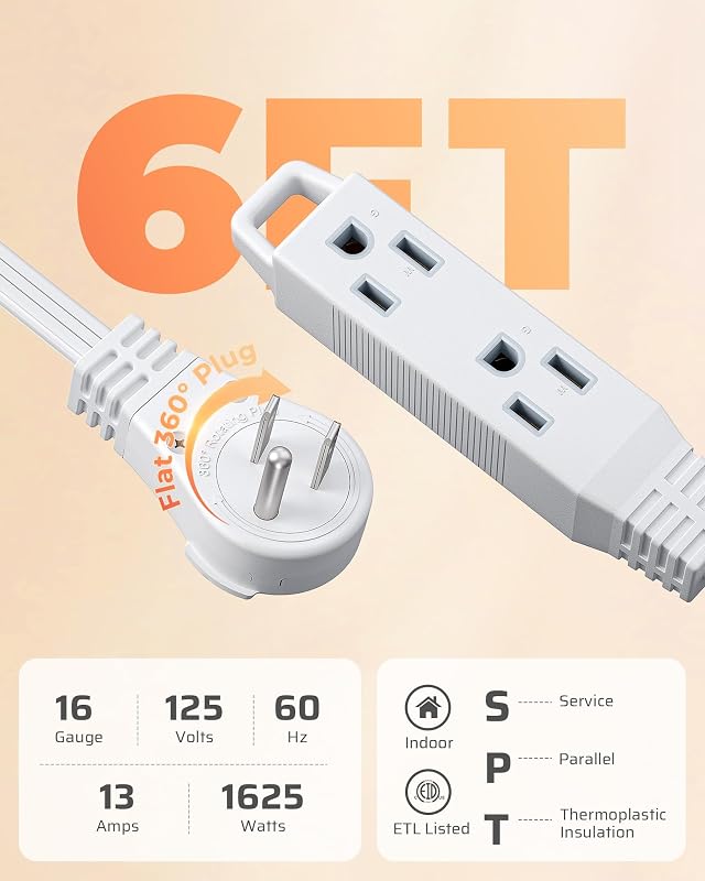 Cable extensión plano giratorio 360° 6ft 3 salidas 16AWG con tierra