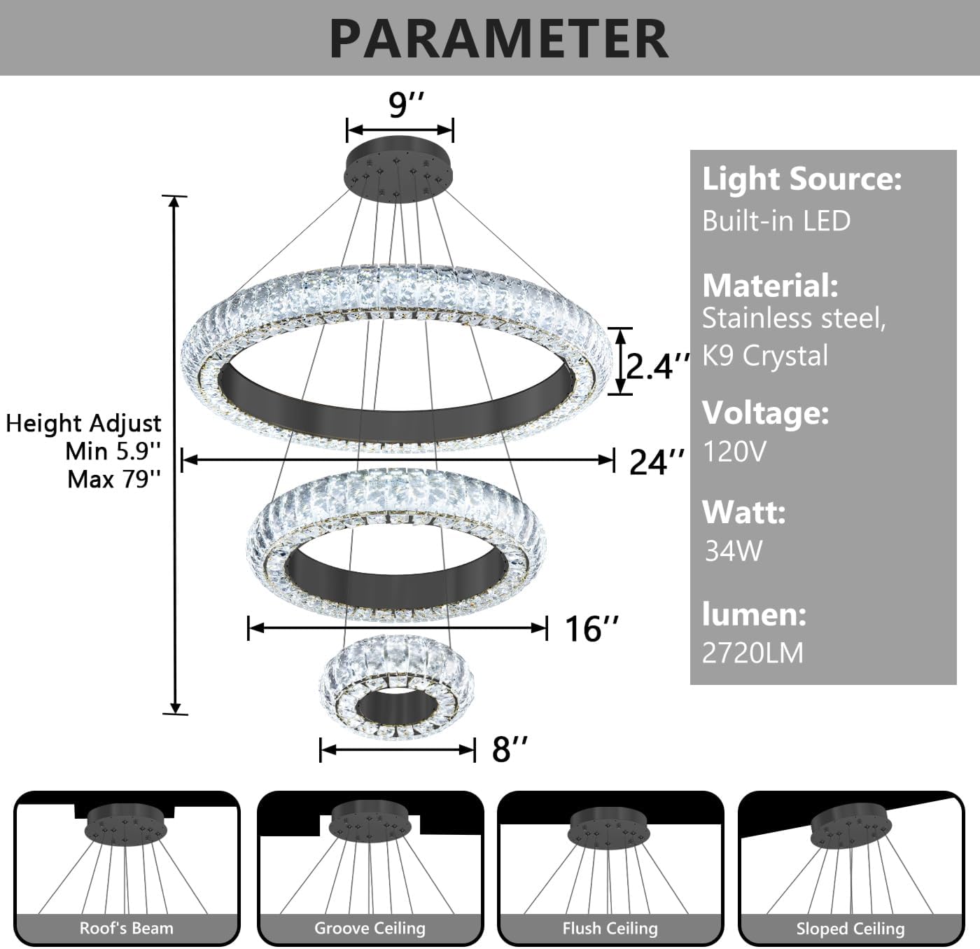 Lámpara araña cristal 3 anillos LED regulable moderna negro
