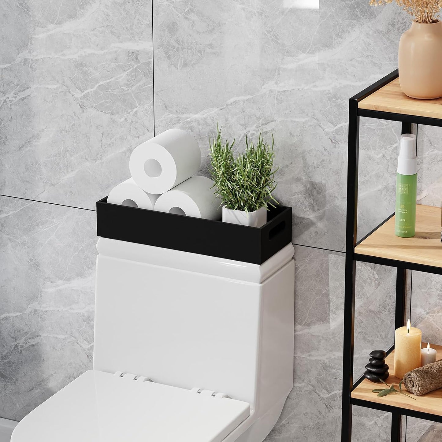 Soporte papel higiénico bambú con bandeja asa y cesta