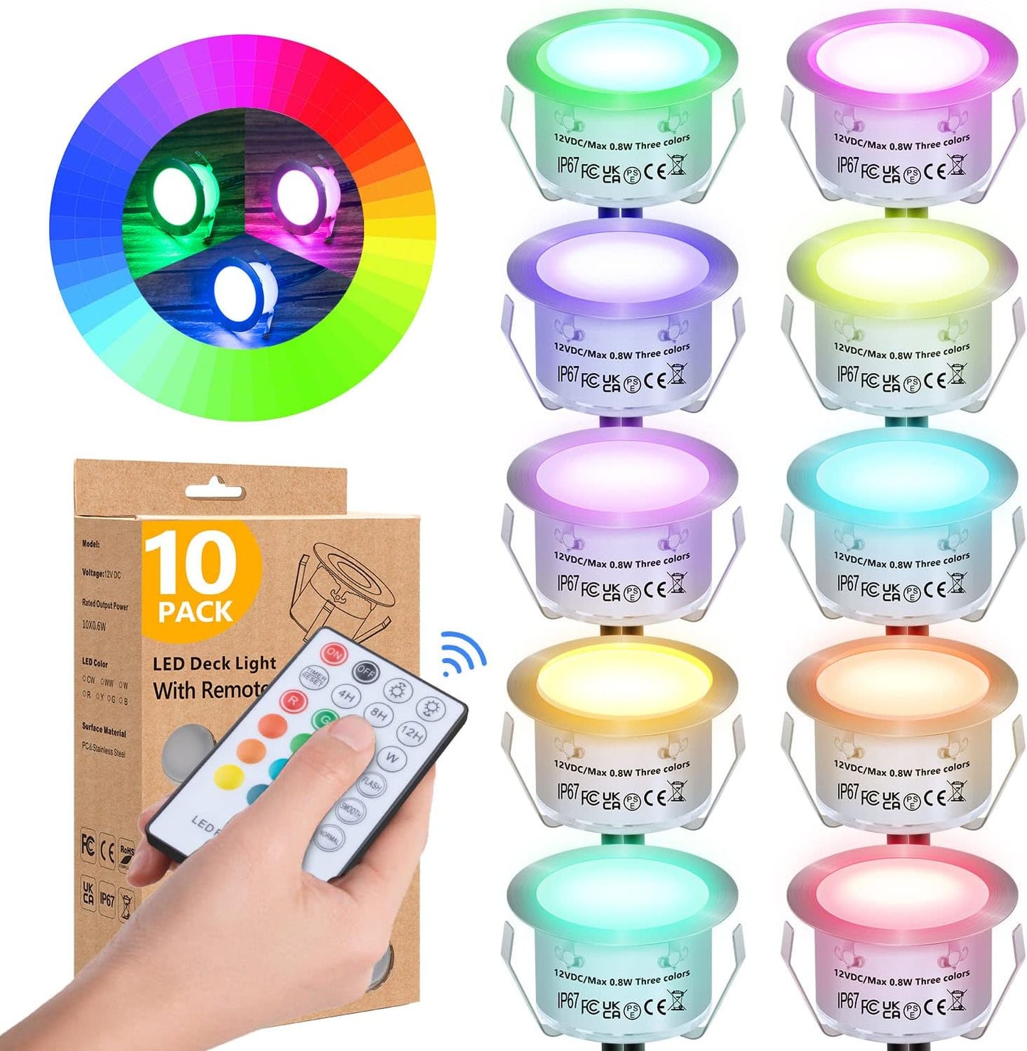 10 Pzas Lámpara RGB empotrable 12V IP67 con control remoto