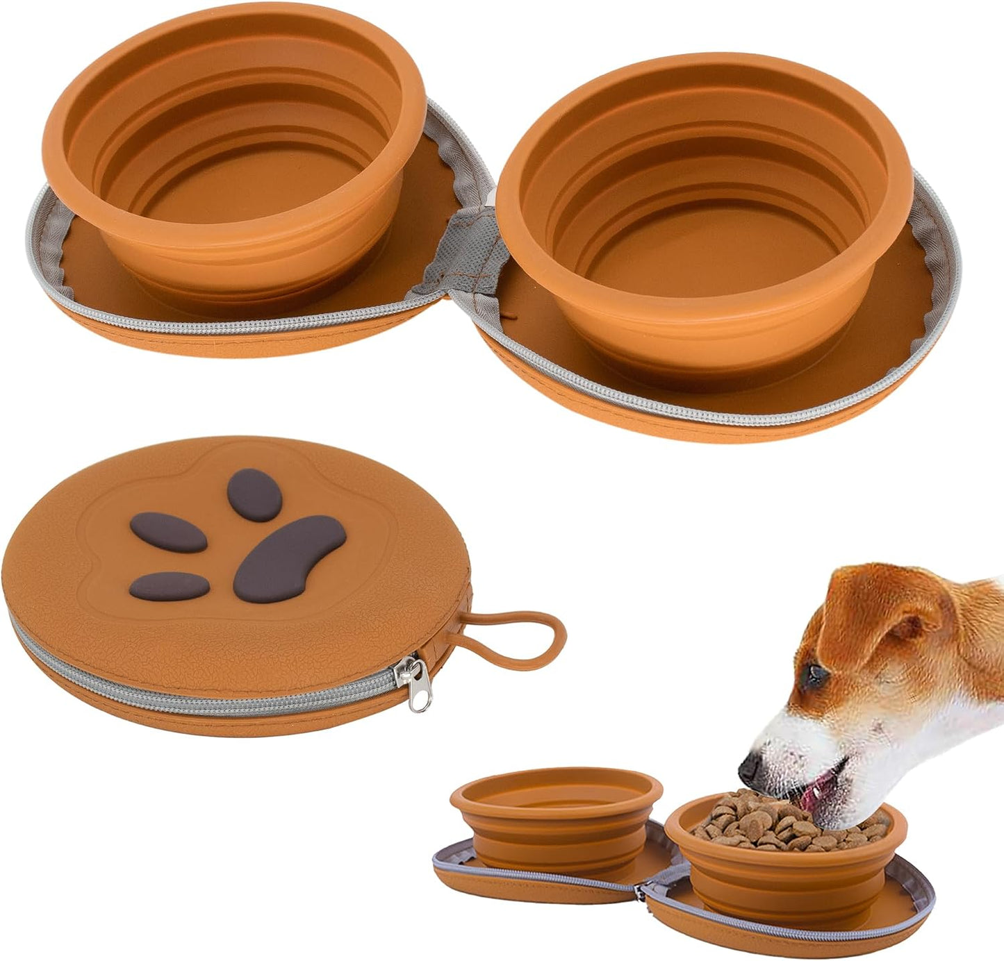 Cuencos plegables doble tazón para mascotas 25oz marrón