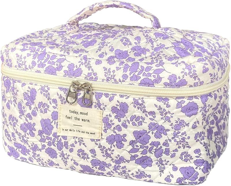 Bolsa maquillaje púrpura acolchada con flores suave coquette