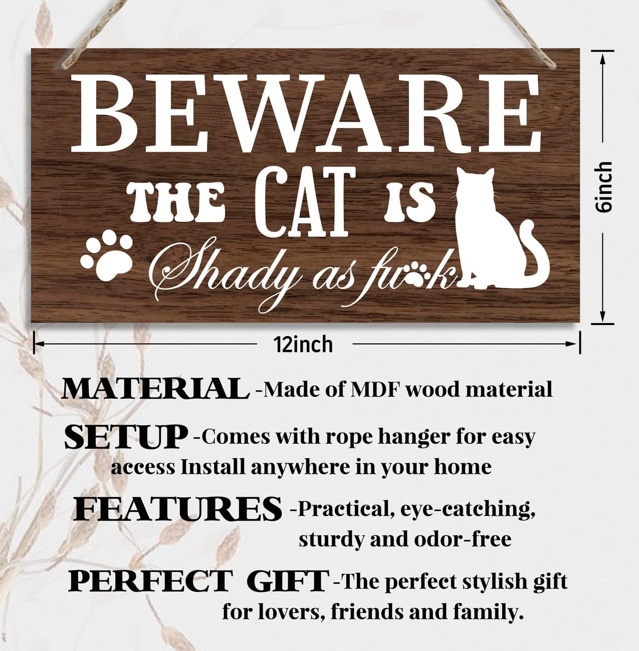 Letrero decorativo de madera con gato, beware the cat is shady