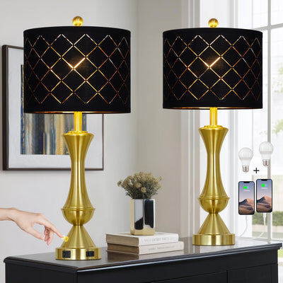 2 Lámparas Mesa Modernas Doradas 29" Regulables USB AC