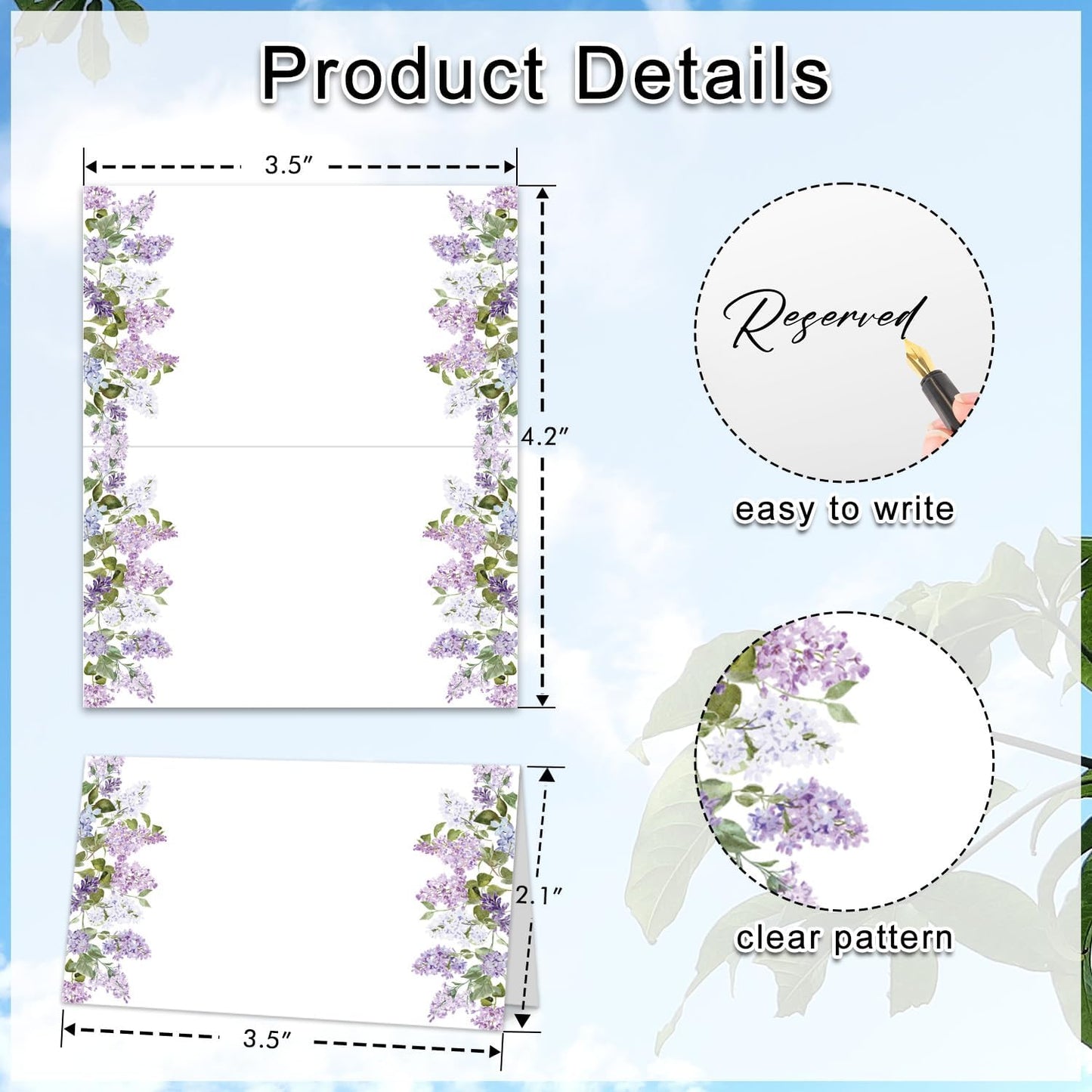 Tarjetas de lugar con diseño floral de clavo morado para mesa de baby shower y boda