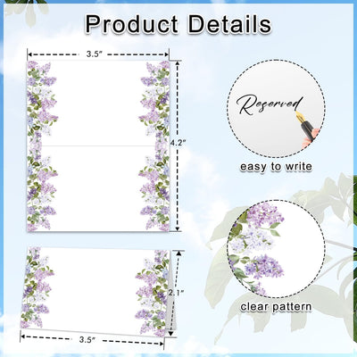 Tarjetas de lugar con diseño floral de clavo morado para mesa de baby shower y boda