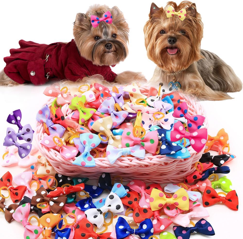 100 Lazos Lunares para Perritos con Bandas Goma Coloridas