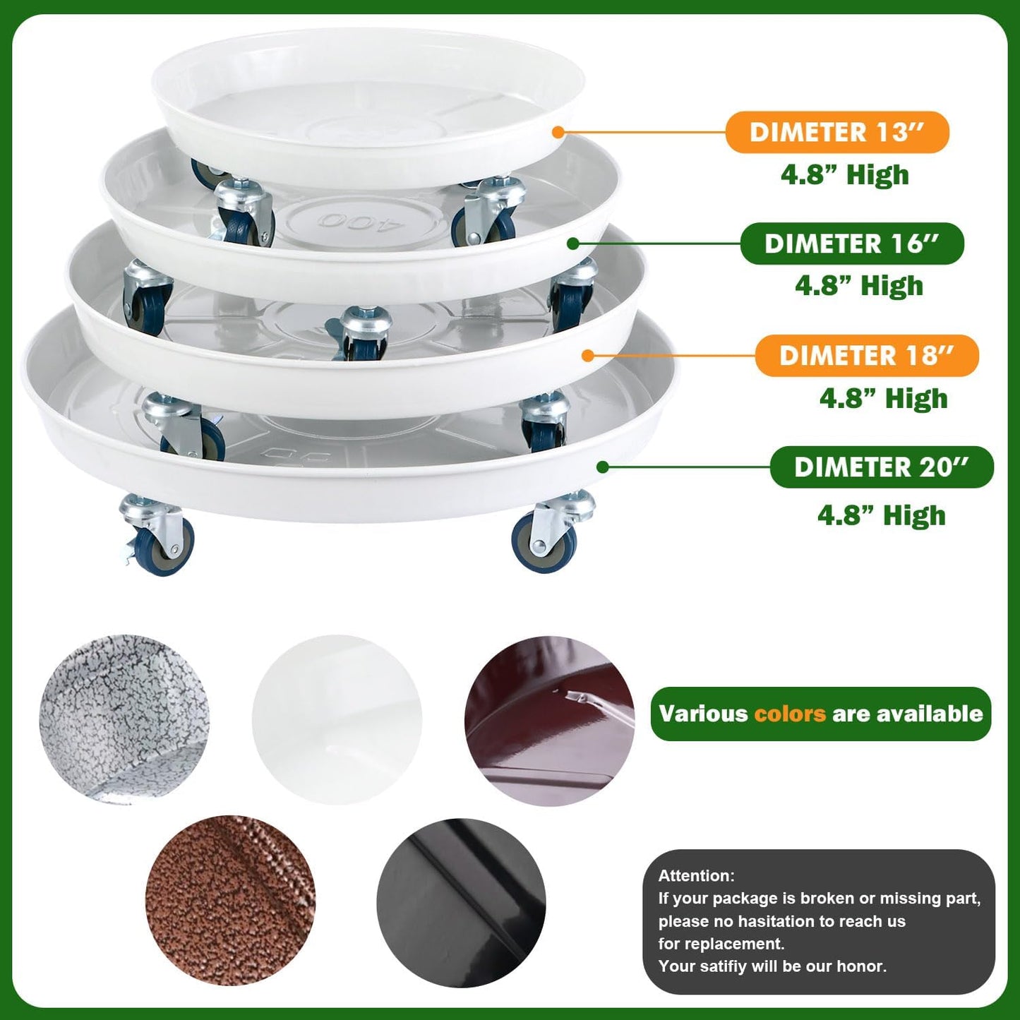 3 Pack Soporte Plantas Metal 16pulg Ruedas Resistente