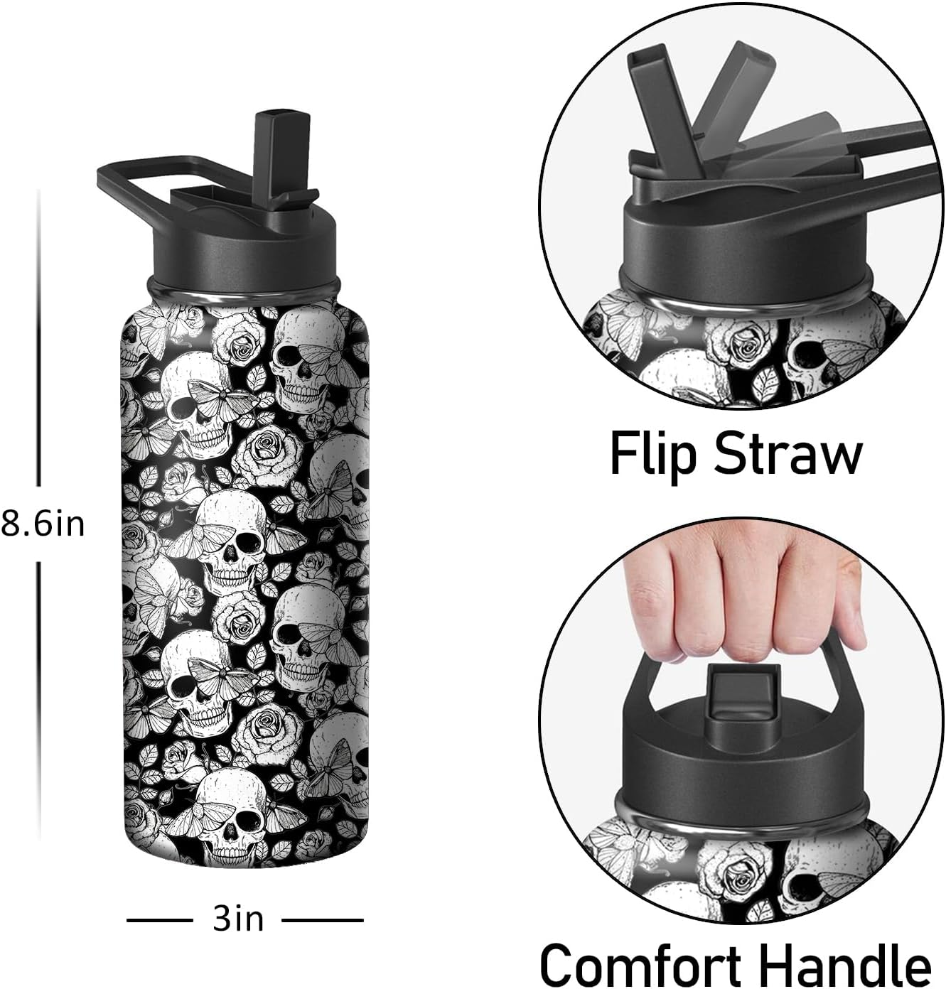Botella agua acero inox calavera pajita 18oz regalo