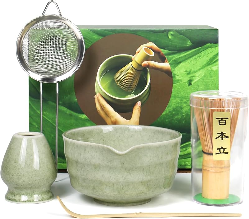 Juego batidor matcha bambú cuenco cuchara tamiz soporte