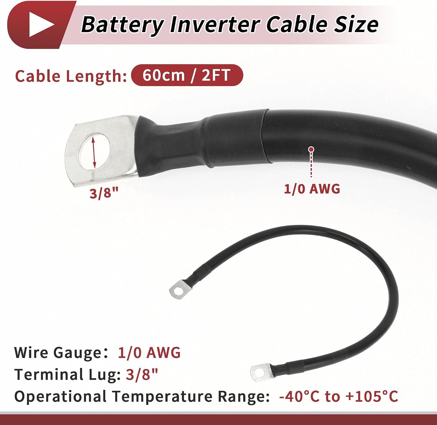 Cable inversor batería 3/8pulg 1/0AWG 2ft cobre estañado negro