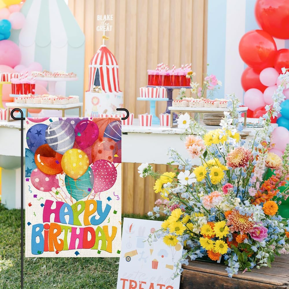 Banderas cumpleaños jardín 12x18pulg arpillera doble cara globo