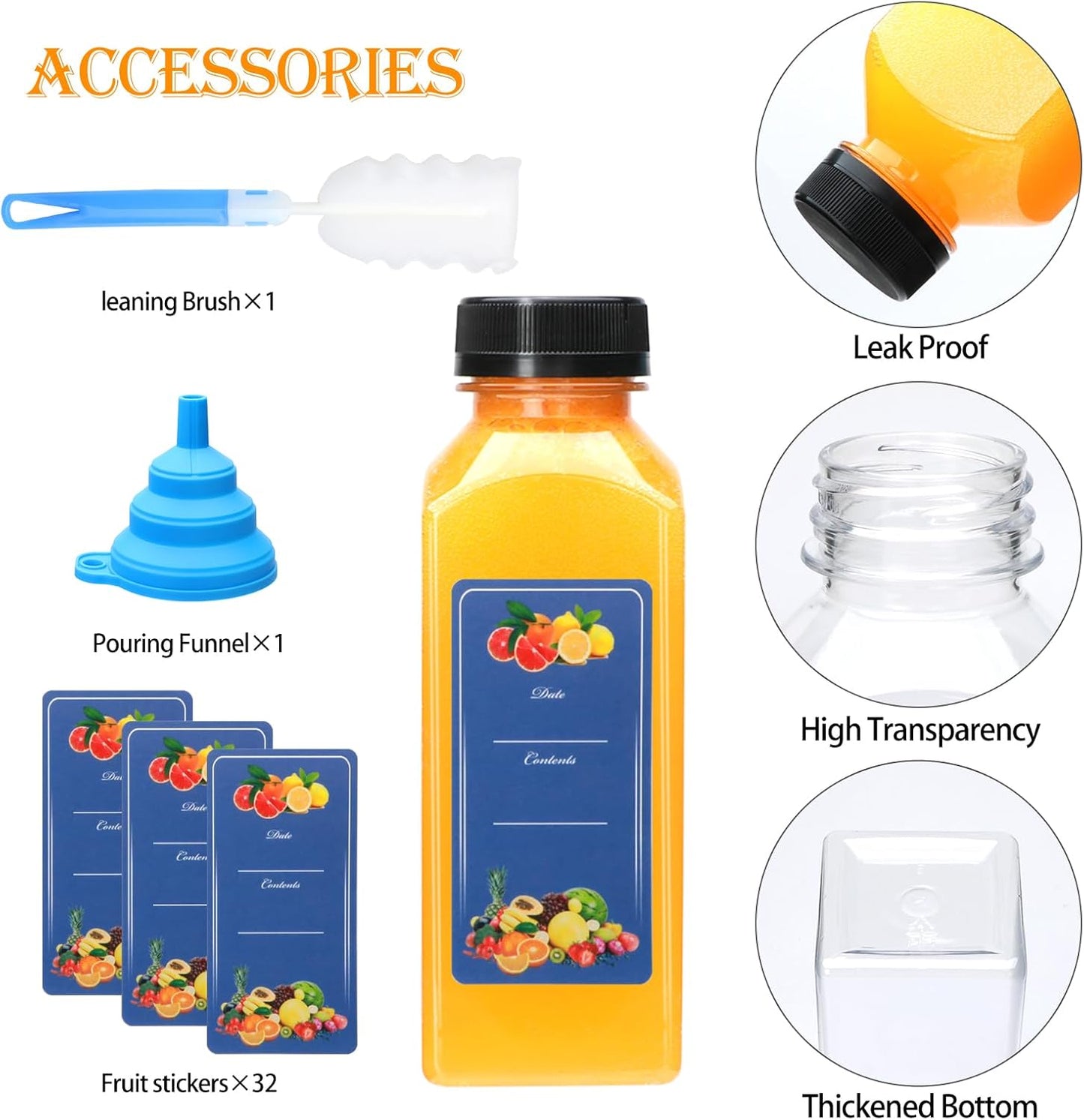 25 Botellas Plástico 12oz Cuadradas con Tapas para Jugo