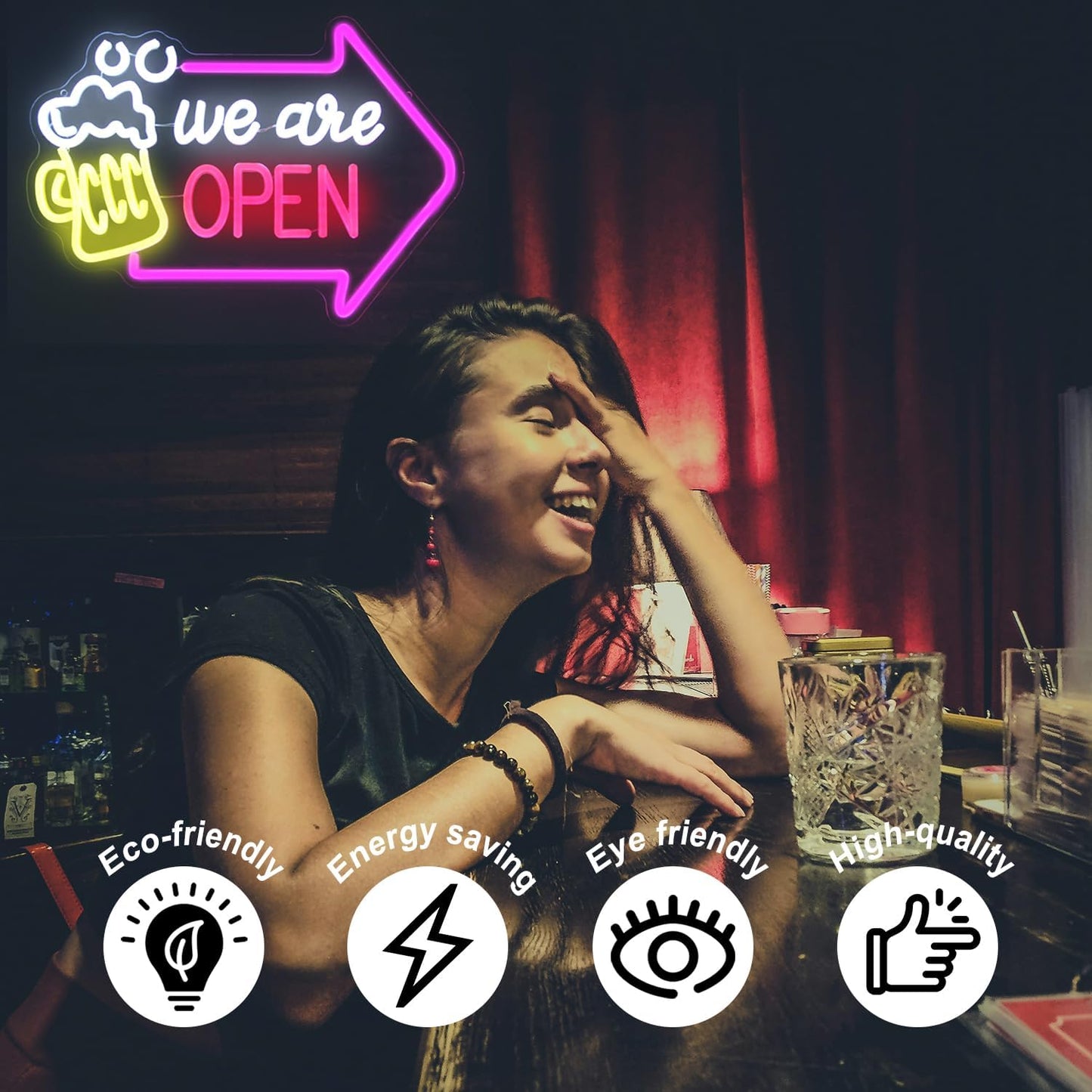 Letrero Neón Estamos Abiertos con Flecha para Bar y Pub