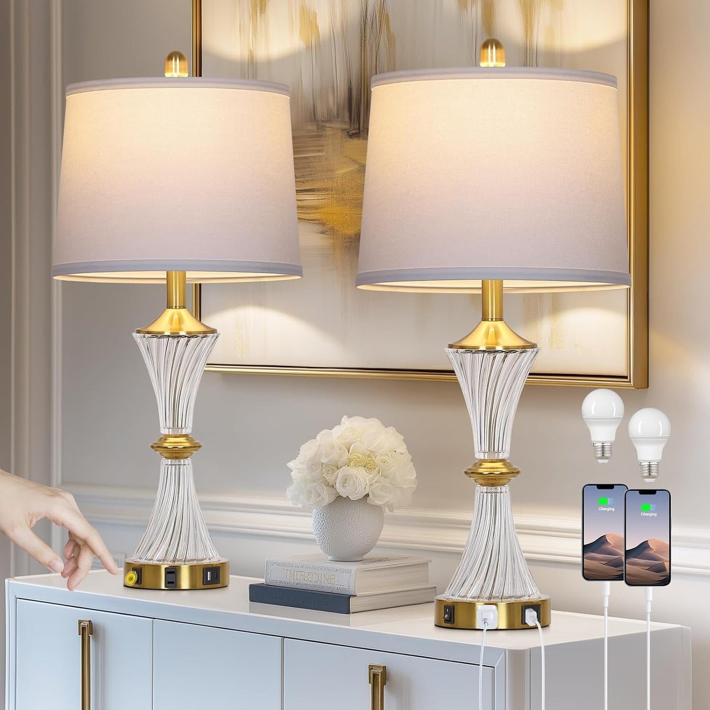 2 Lámparas Mesa Cristal Puertos USB Salida CA Dormitorio