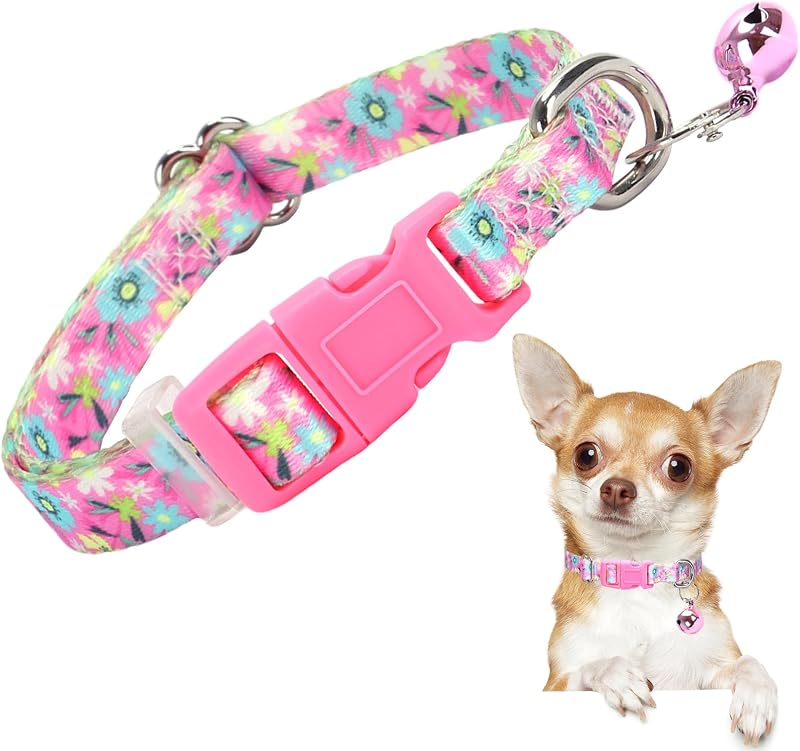 Collar perro XS con campana patrón flores ajustable