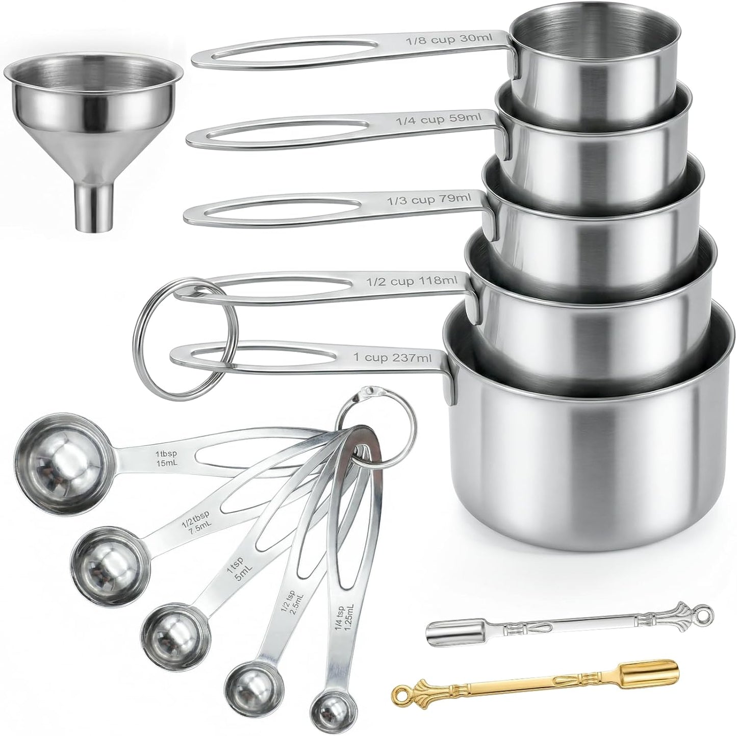 Juego de 13 tazas y cucharas medidoras de acero inoxidable con embudo