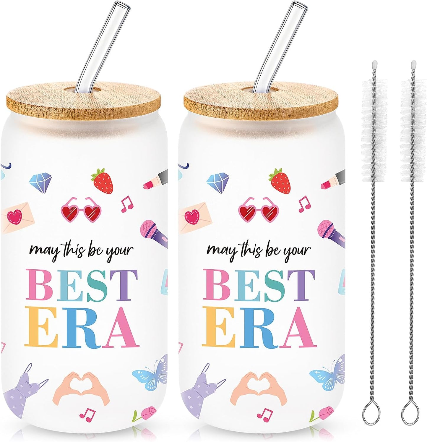 2 Vases Vidrio Tapa Bambú Pajita 16oz Regalo Música